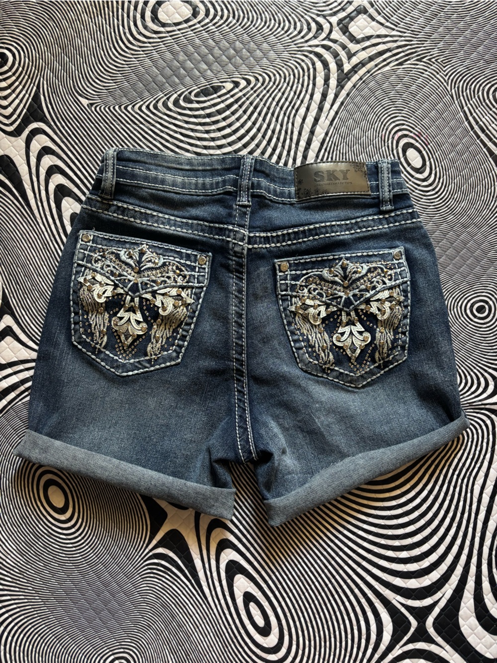 Sky Dark Blue women’s  Jean shorts with Embroidered Back Pockets